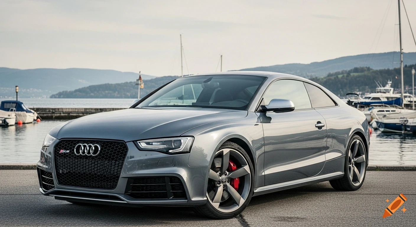 A silver-gray Audi RS5 coupe parked by a tranquil lake harbor with boats and mountains in the background.
