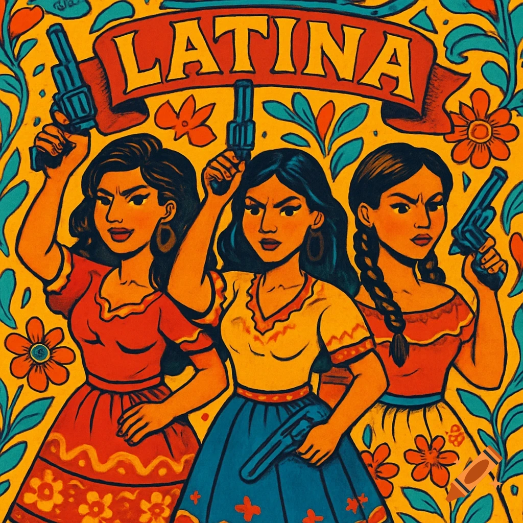 Three women in a colorful folk art style, with determined expressions, holding pistols, under a banner that reads "LATINA", surrounded by flowers and vines.