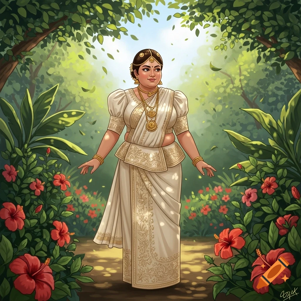 An illustration of a woman in an ivory Kandyan saree and gold jewelry, standing in a lush garden with red hibiscus flowers.