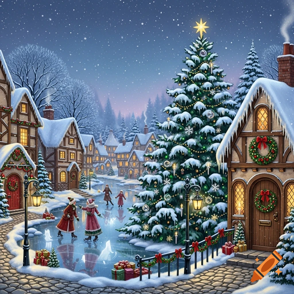 Whimsical illustration of a snowy Christmas village at dusk, with ice skaters on a frozen pond, decorated houses, and a large Christmas tree.