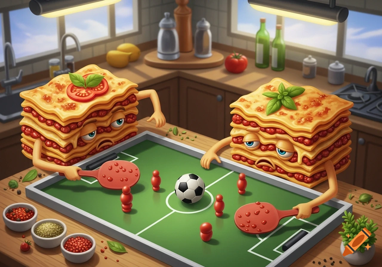 Two tired anthropomorphic lasagna characters play mini soccer in a bright kitchen.