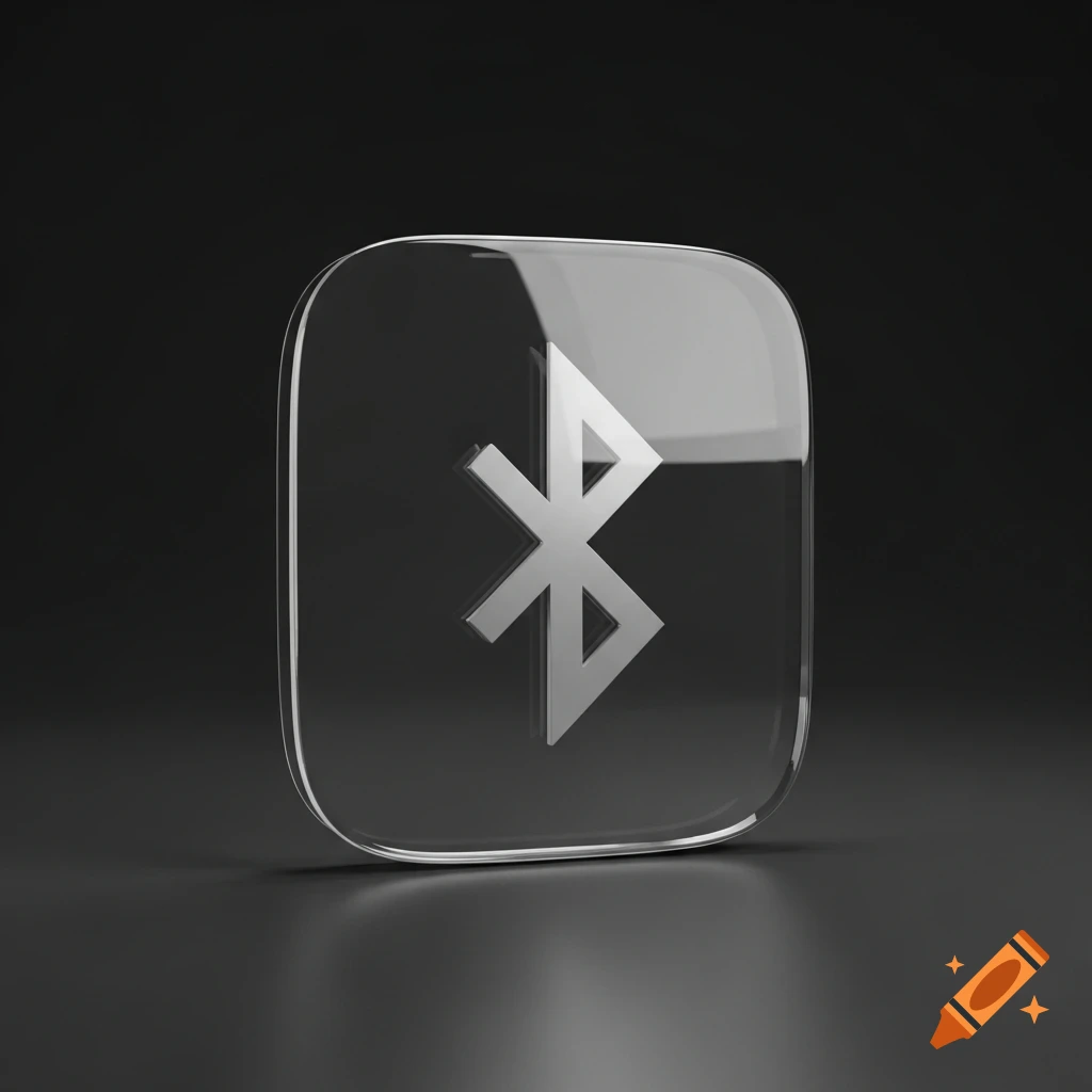 A translucent glass app icon featuring a gray Bluetooth symbol on a dark background.