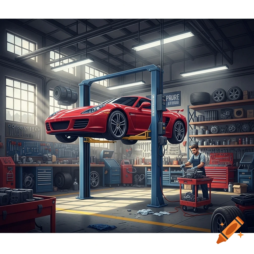 A red sports car is elevated on a blue hydraulic lift in a busy car workshop, with a mechanic working on an engine part nearby. Photorealistic style.