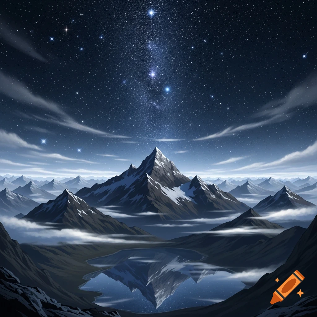 Snow-capped mountains reflected in a lake under a starry night sky with wispy clouds.