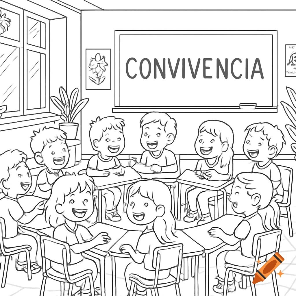 Black and white line drawing of smiling children in a classroom with 'CONVIVENCIA' on the whiteboard, for a coloring book.