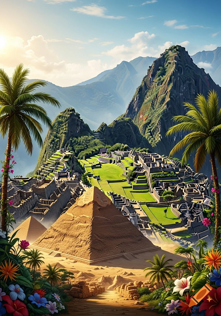 A fantastical landscape blending Egyptian pyramids in a desert foreground with the ancient Inca city of Machu Picchu on lush green mountains, framed by tropical flora.