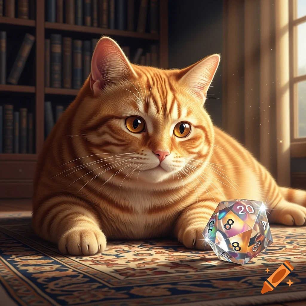 An orange tabby cat lies on a patterned rug next to a sparkling D20 die, with a bookshelf and window in the background.