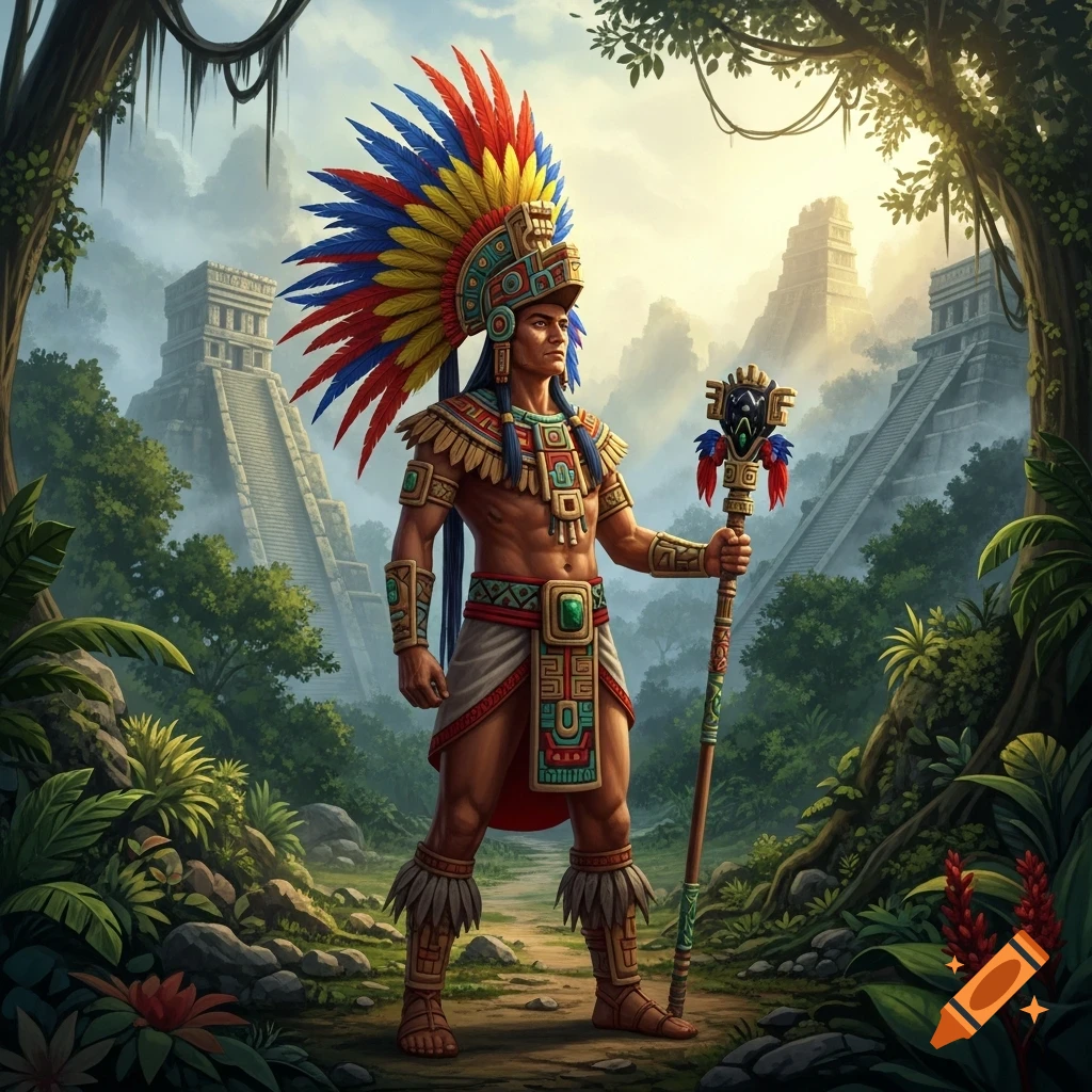 A man in colorful indigenous attire with a feathered headdress and staff stands in a jungle clearing with ancient pyramids in the background.