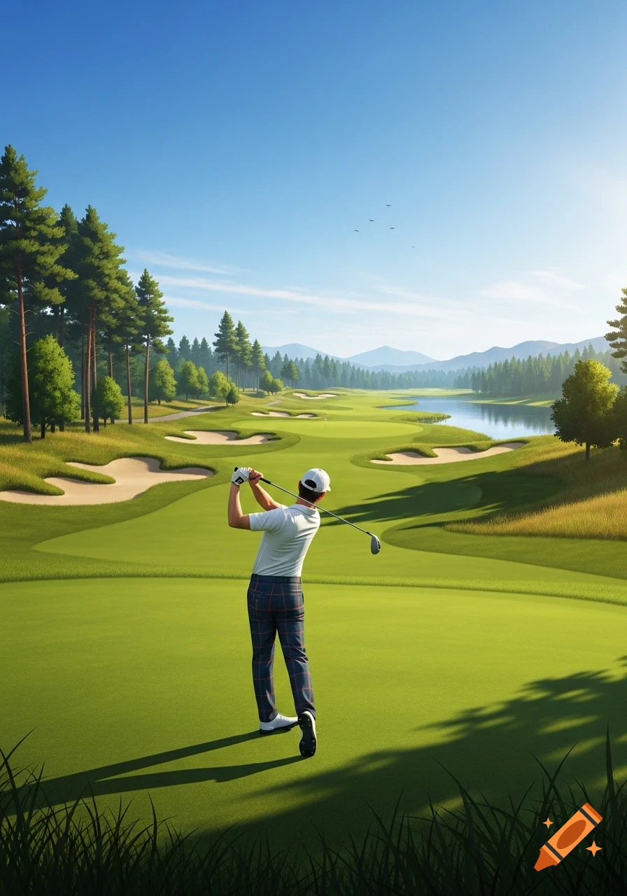 A golfer in a white shirt and plaid pants swings a club on a vibrant green golf course with sand traps, trees, and a lake under a clear blue sky.