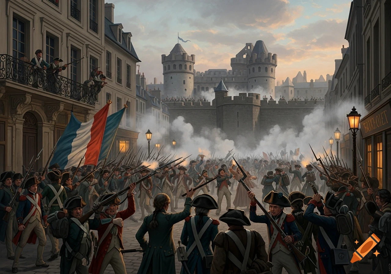 Historical illustration of the Storming of the Bastille, with revolutionaries attacking a fortress in 18th-century Paris.