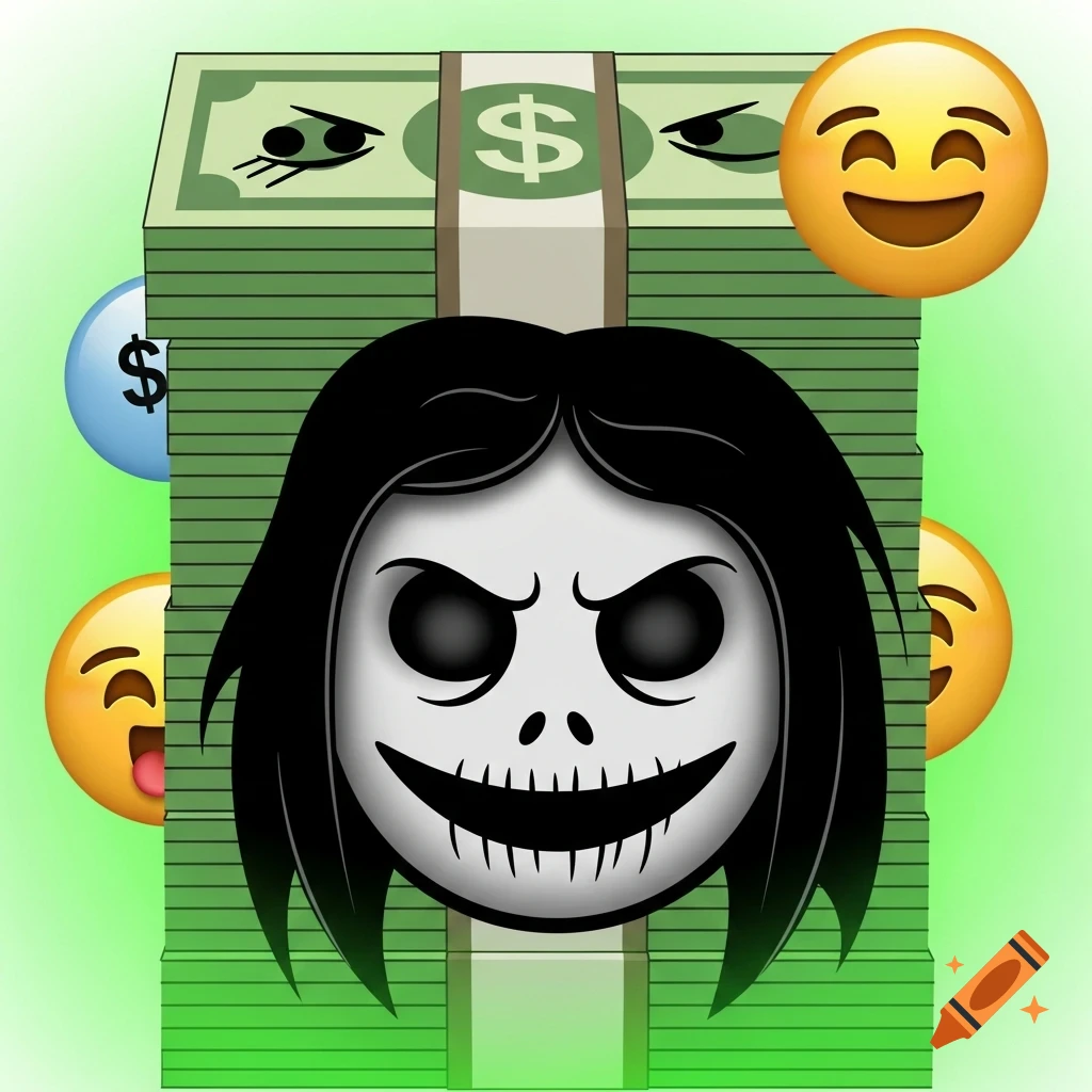 Cartoon stack of money with a central scary Blair Witch emoji face, surrounded by happy emoji faces.