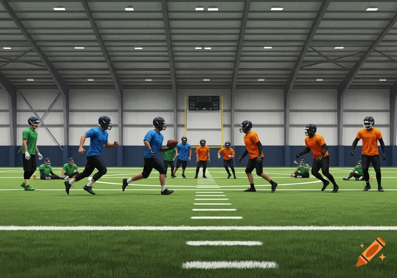 American football players in blue, orange, and green jerseys practice on an indoor artificial turf field with a scoreboard.