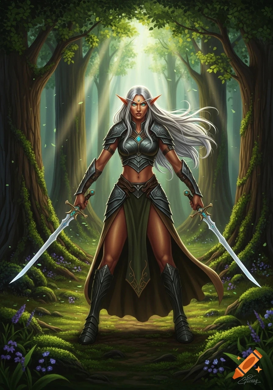A silver-haired elf warrior with copper skin stands in a sunlit forest, holding two short swords.