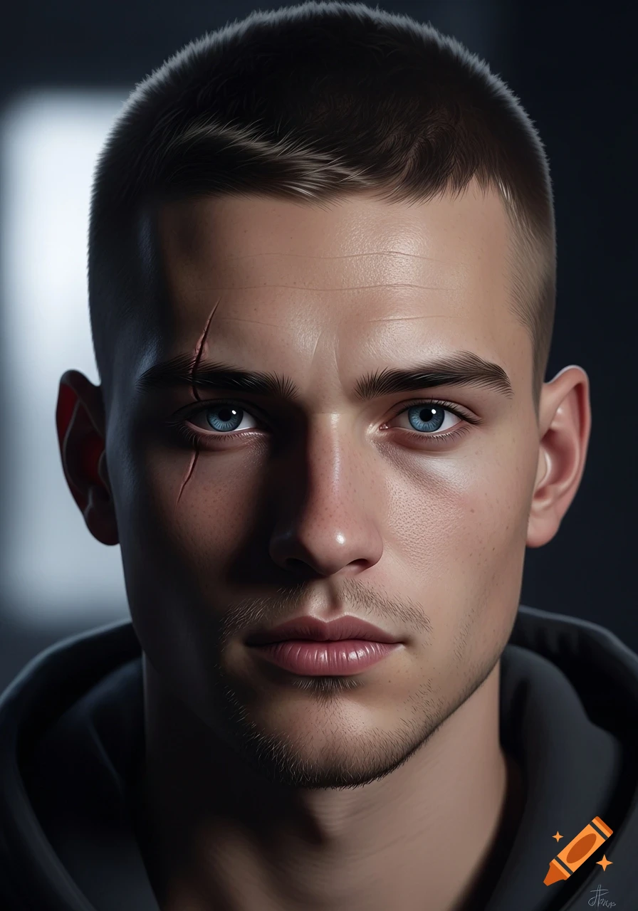 Close-up photorealistic portrait of a young man with a buzzcut, blue eyes, and a scar across his left eyebrow.