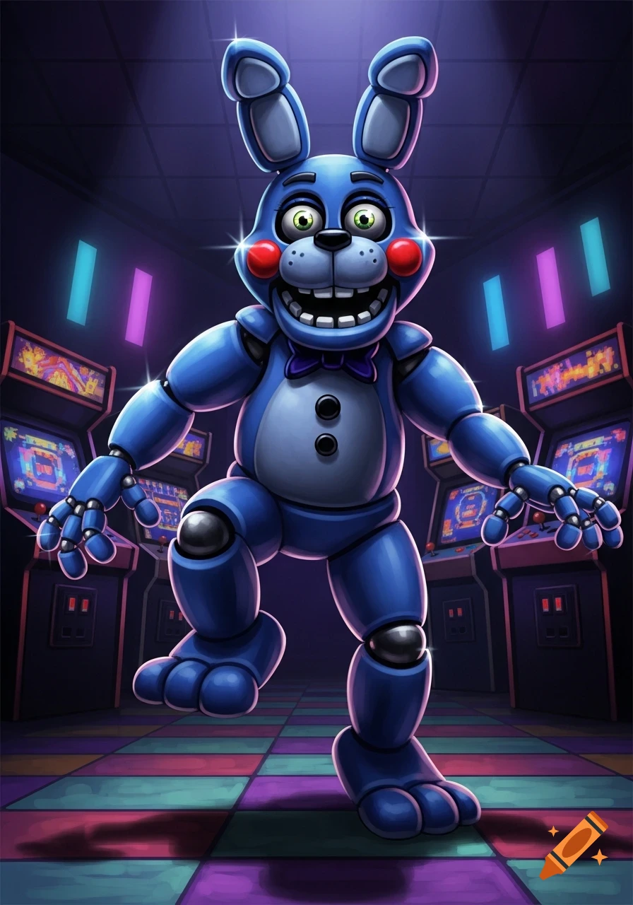 A blue animatronic rabbit named Toy Bonnie stands in an arcade with bright neon lights and colorful floor tiles.