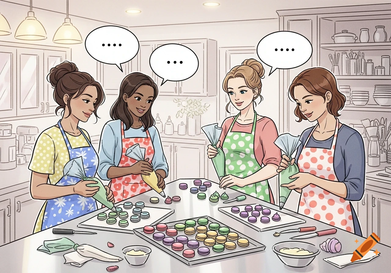 Four women in aprons piping colorful macarons in a bright kitchen, in a comic art style.