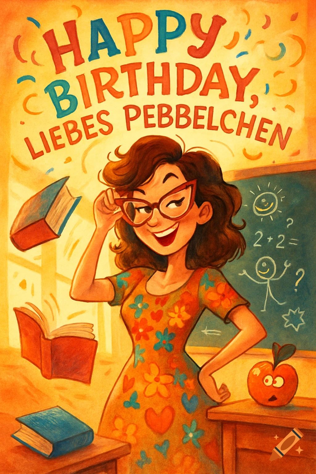 Cartoon illustration of a smiling teacher in a classroom, with books and a chalkboard. Text reads 'Happy Birthday, Liebes Pebbelchen'.