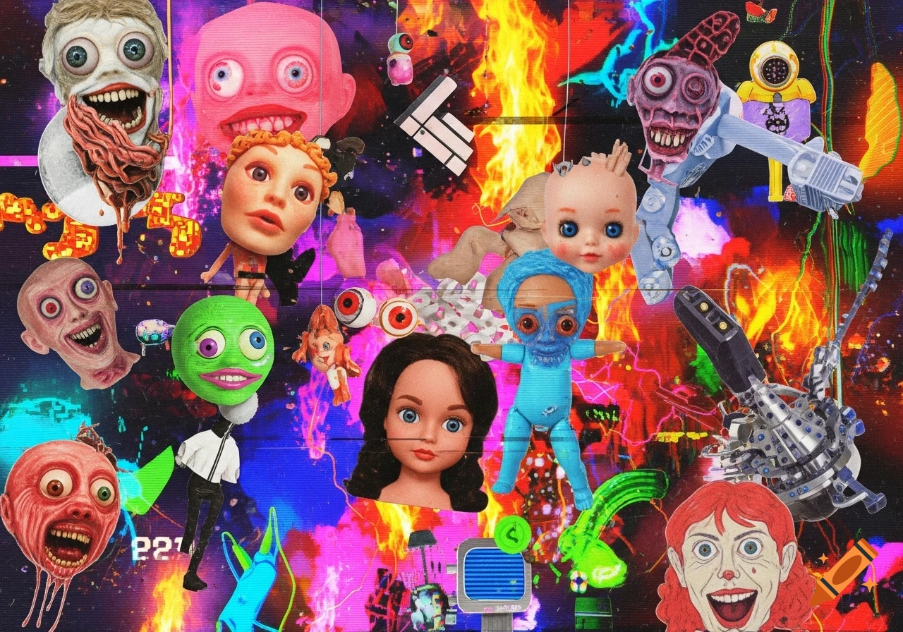 A chaotic digital collage featuring distorted doll heads, grotesque faces, mechanical parts, and floating eyeballs over a background of fire, neon gradients, and glitch effects.