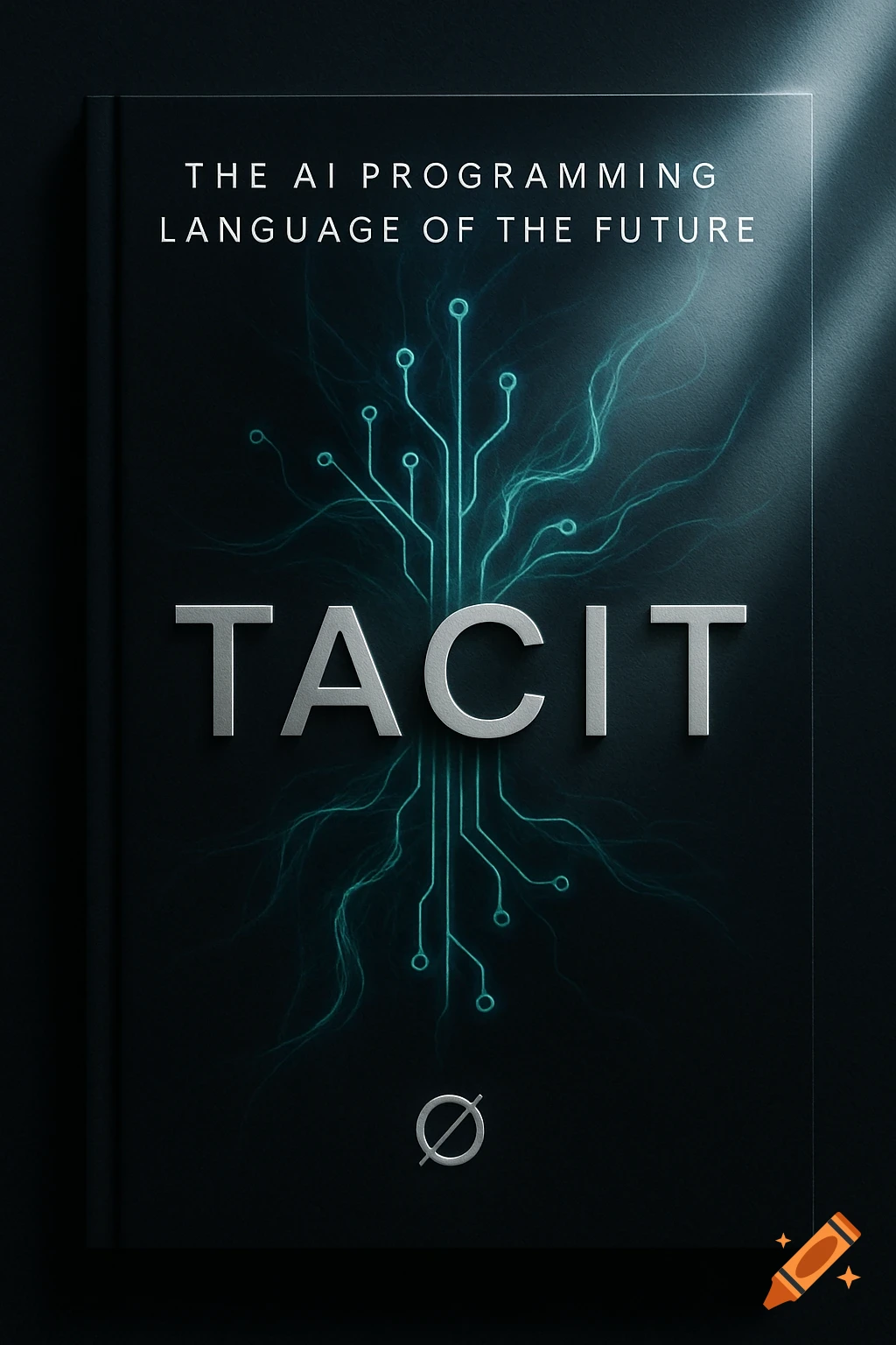 A dark book cover titled 'TACIT: THE AI PROGRAMMING LANGUAGE OF THE FUTURE' with glowing blue circuit patterns and a '∅' symbol.