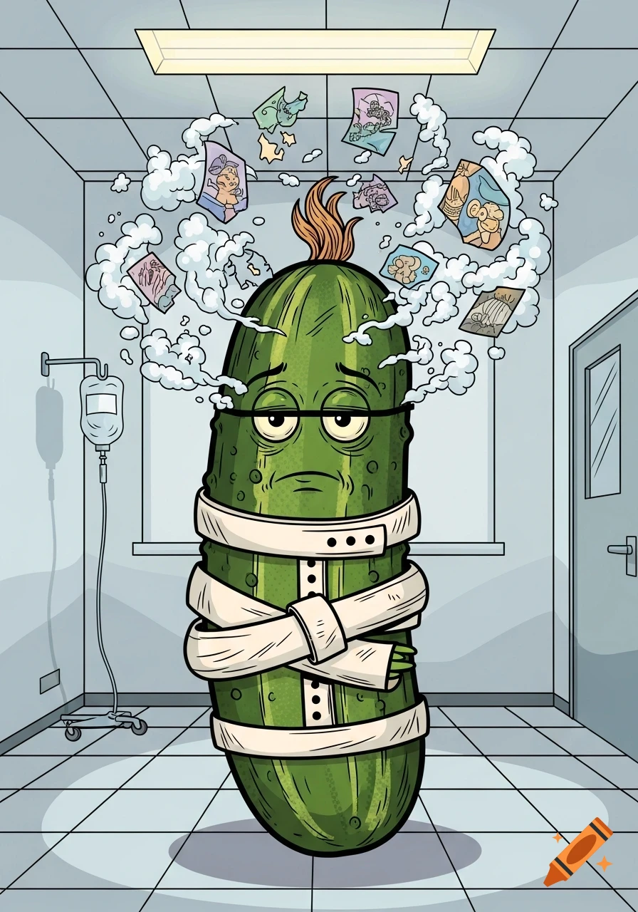 A cartoon pickle in a straight jacket sits in a psych ward, surrounded by swirling clouds and fragmented images.