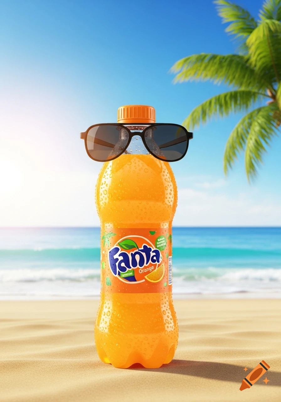 A photorealistic image of an orange Fanta bottle wearing sunglasses, sitting on a sandy beach with the ocean and a palm tree in the background.