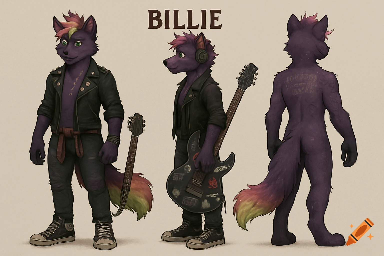Character sheet of a purple anthropomorphic wolf named Billie in punk rock attire, with green, red, yellow, and pink accents on ears and tail, holding an electric guitar. Front, side, and back views are shown.