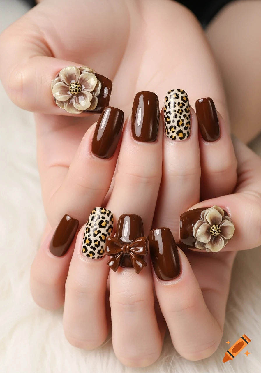 A close-up of a hand with brown manicured nails, some featuring leopard print, 3D flowers, and a brown bow.
