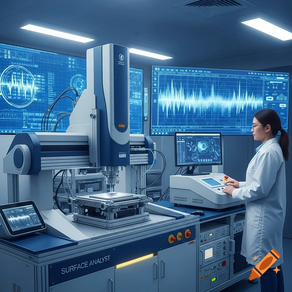 A scientist in a lab coat operates a "SURFACE ANALYST" machine, with large screens displaying scientific data in a high-tech laboratory.