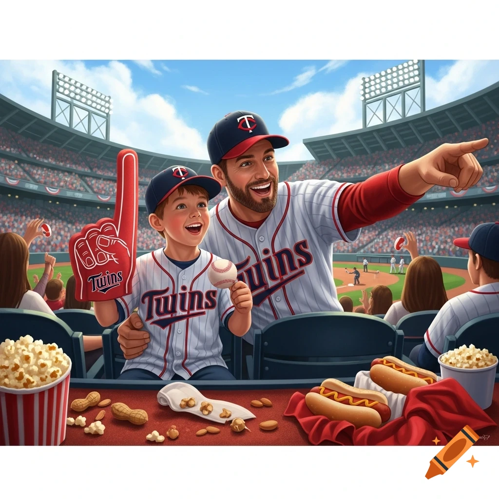A happy father and son at a Minnesota Twins baseball game, with the father pointing while the son holds a baseball and foam finger.