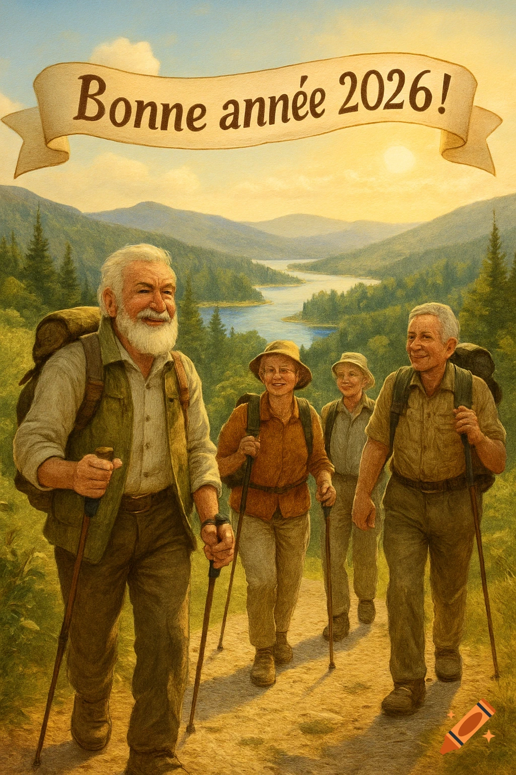 Smiling elderly hikers with backpacks and poles walk on a sunny mountain path with a lake and forest. A banner reads "Bonne année 2026!" in a painterly style.