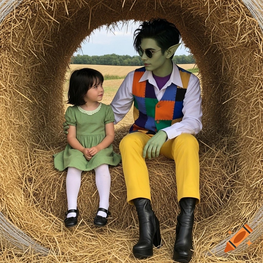 A young girl in a green dress sits next to a green-skinned man with pointed ears and sunglasses inside a hay bale, a field in the background.