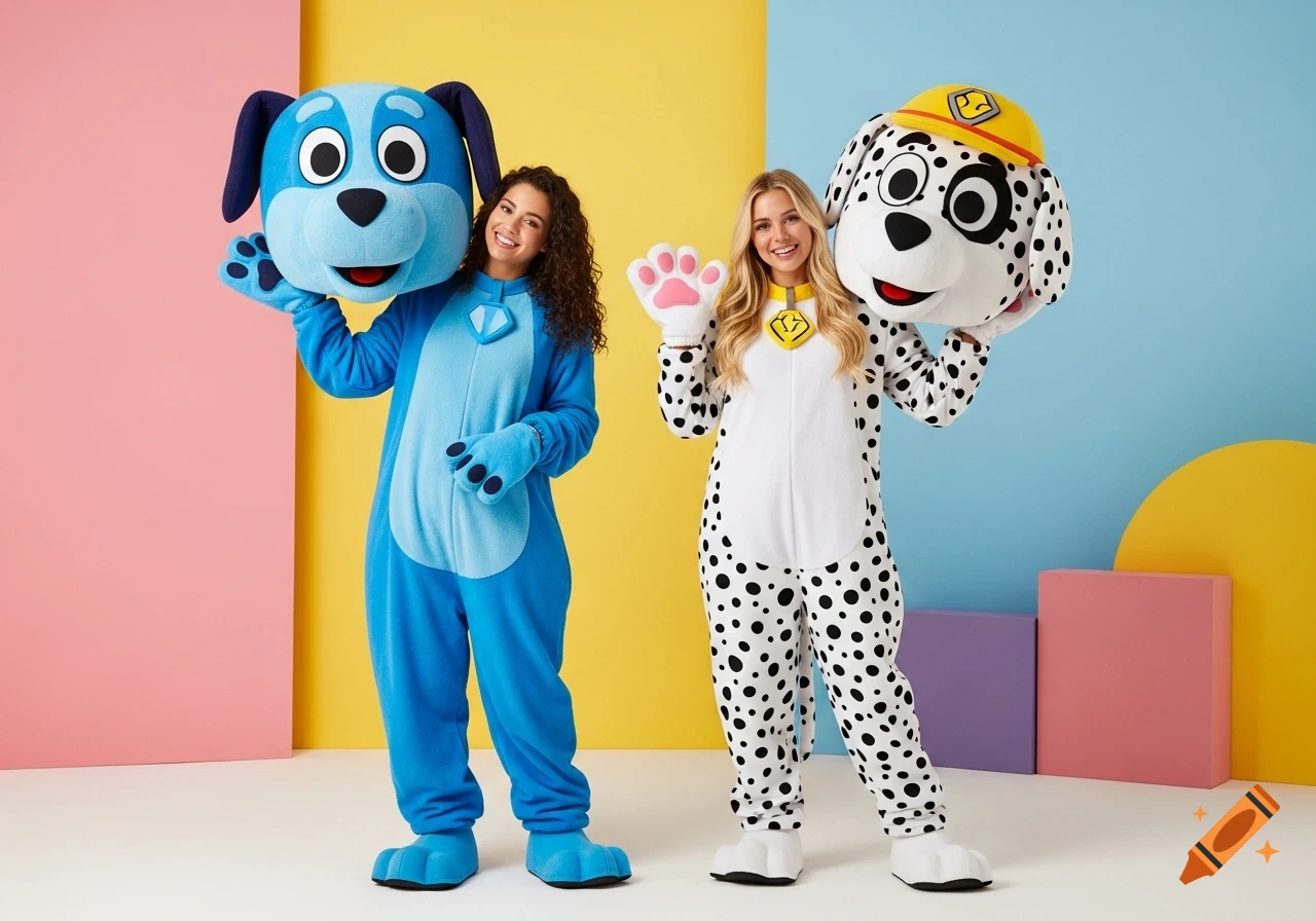 Two smiling women in full-body dog mascot suits, one blue and one Dalmatian-spotted, holding their costume heads in a colorful studio.