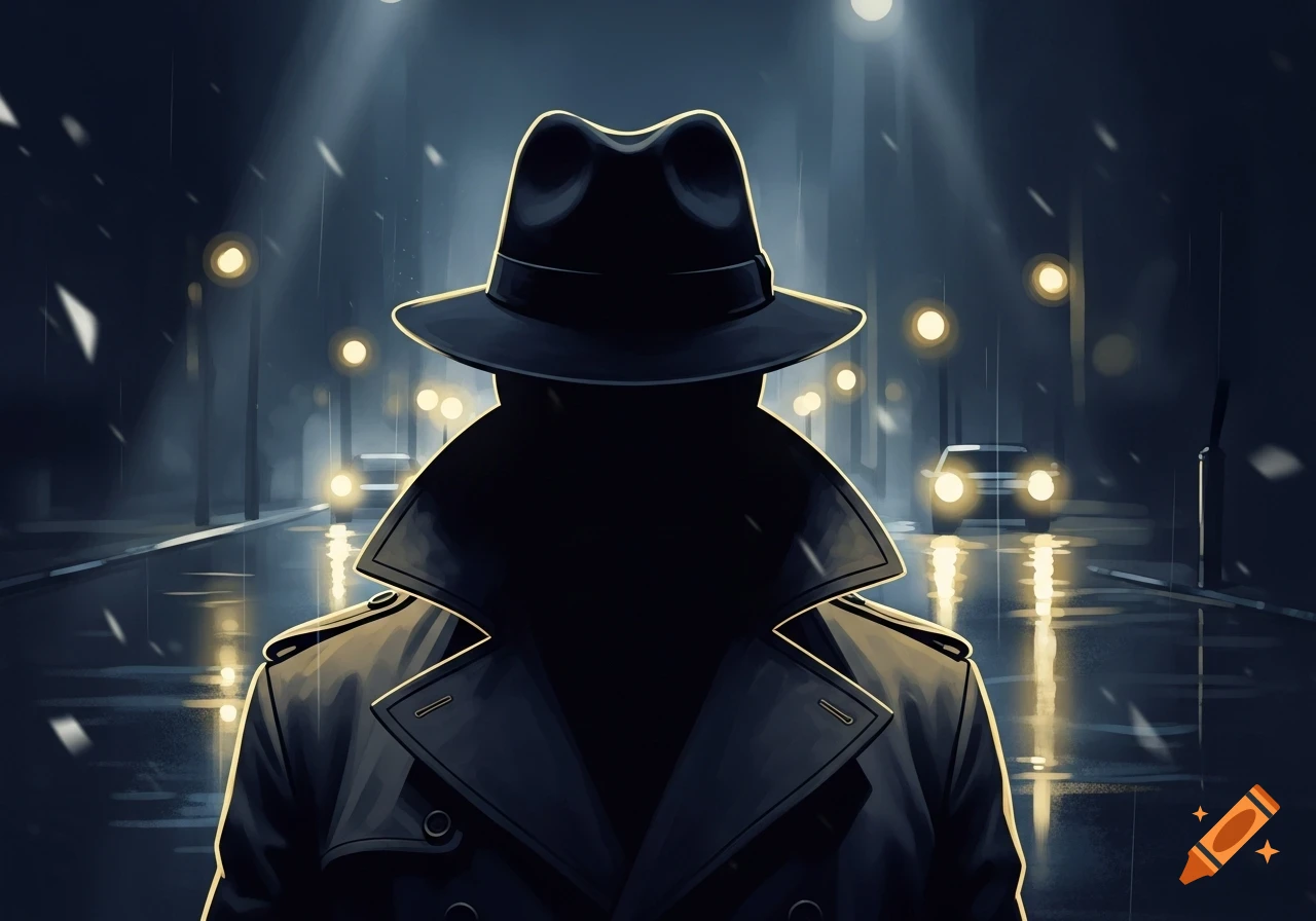 Stylized illustration of a silhouetted man in a fedora and trench coat on a rainy city street at night.