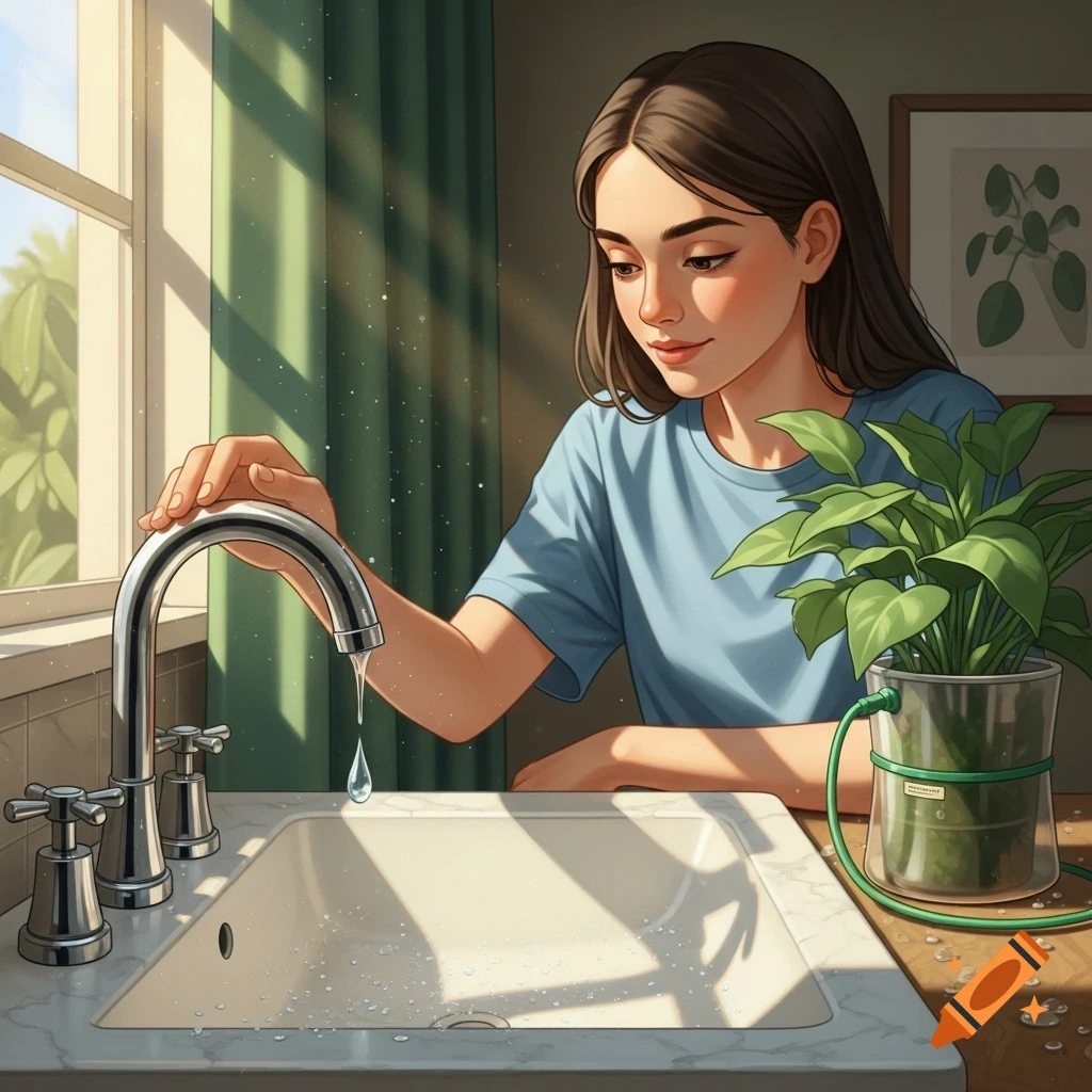 A young woman touches a dripping faucet in a sunlit kitchen, watering a plant with a tube connected to the sink in a stylized illustration.