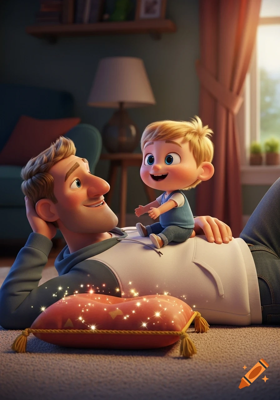 Smiling father on floor with son on his chest, a sparkling red cushion nearby in a cozy 3D Pixar-style living room.