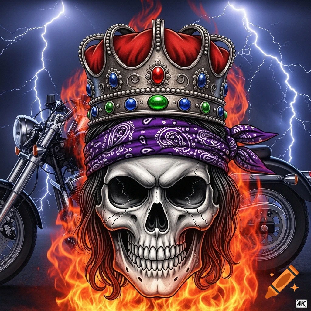 A grinning skull wearing a crown and purple bandana, engulfed in flames with lightning behind, a motorcycle partially visible.