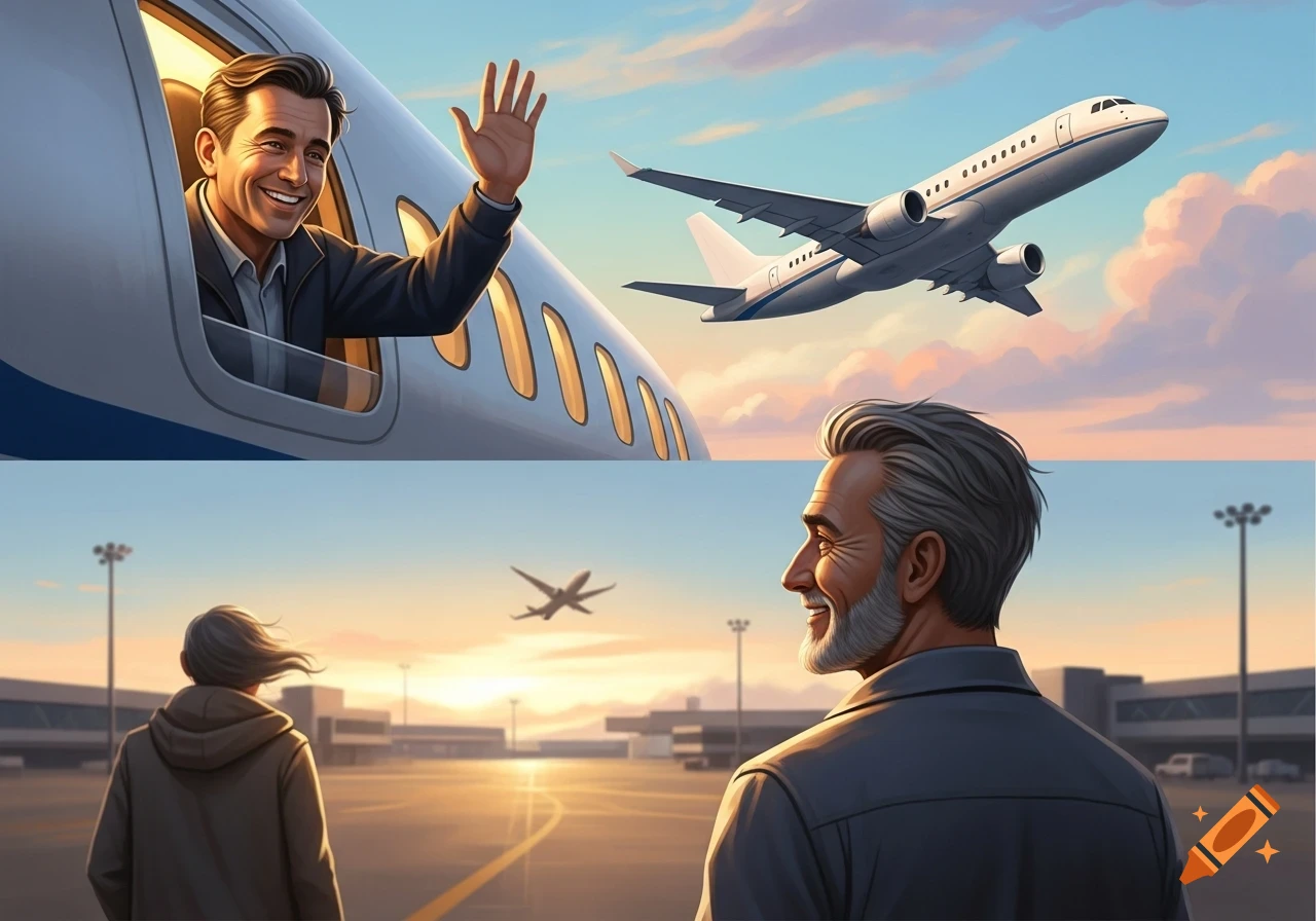 A man waves from a plane window in the sky, while another man watches a departing plane from an airport tarmac at sunset.