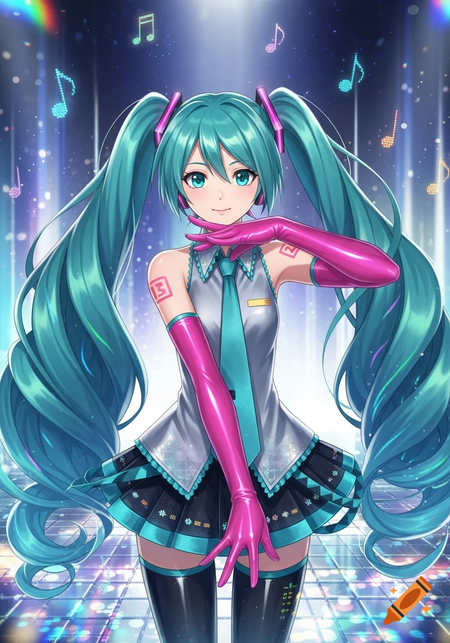 Hatsune Miku with long teal pigtails poses in a grey and black uniform with a teal tie, pink latex gloves, and thigh-high boots, against a sparkling stage background with musical notes.