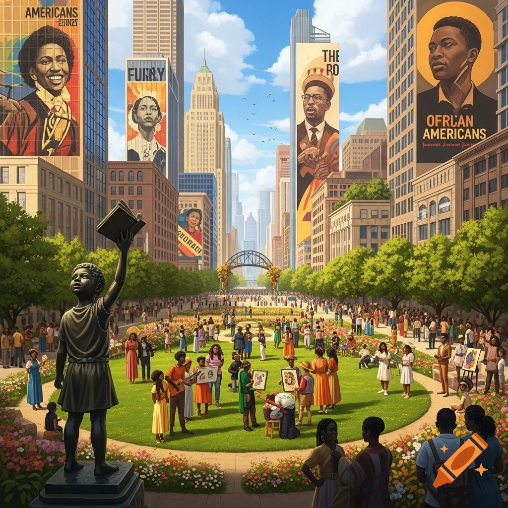 A bustling city scene with many African American people gathering in a park, surrounded by skyscrapers and billboards.