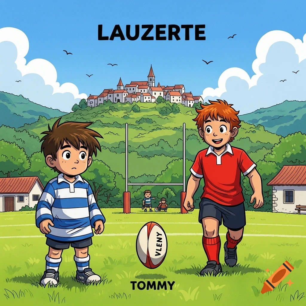 A vibrant cartoon shows two boys in rugby jerseys on a field. A brown-haired boy in blue and white stripes stands next to a rugby ball. A red-haired boy in red smiles. A village on a hill is in the background.