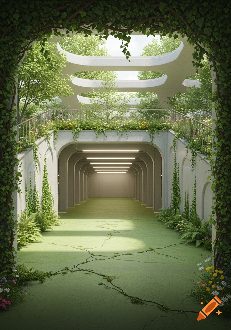 A modern concrete structure overgrown with green vines and trees, featuring arched tunnels, staircases, and a grassy floor.