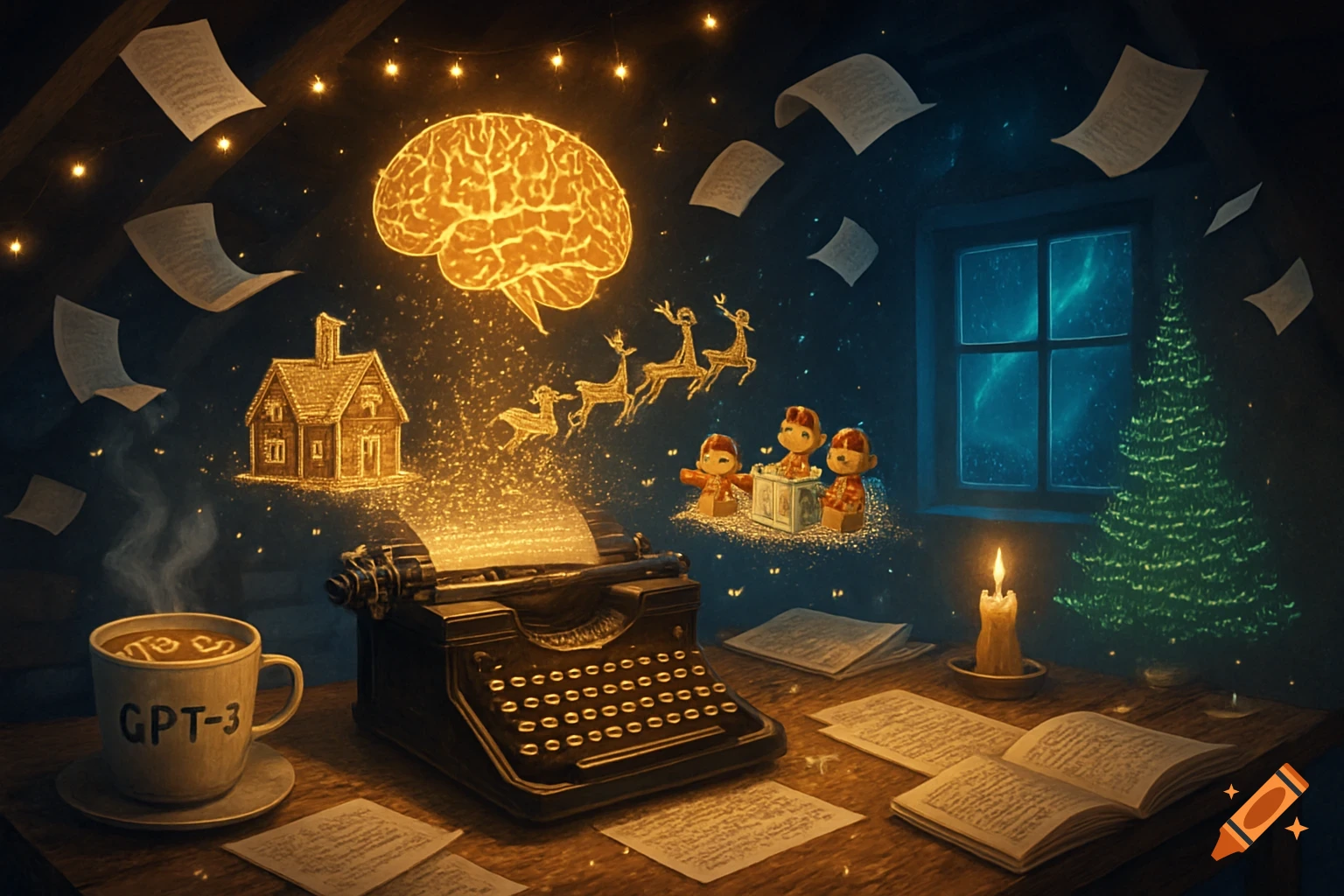 A magical Christmas writing workshop with a glowing brain, typewriter, floating papers, miniature festive scenes, a Christmas tree, and a "GPT-3" cocoa mug.
