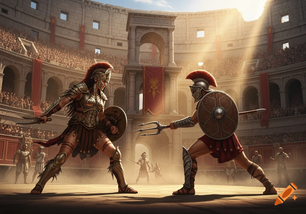 A female Amazonian warrior fights a male gladiator with a trident in a sunlit Roman arena packed with spectators.