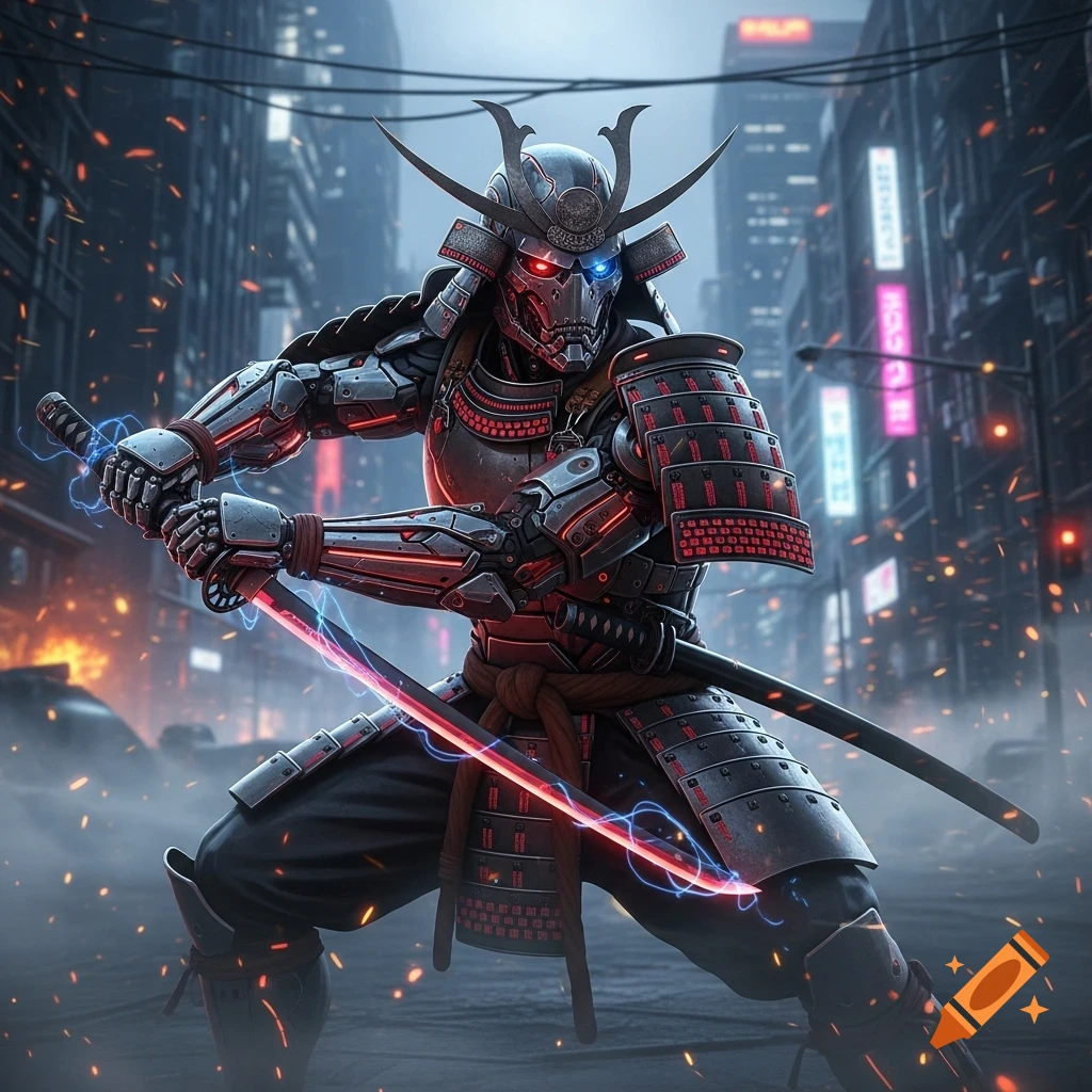 A futuristic cyborg samurai in detailed armor holds a glowing red katana amidst a dark, neon-lit cyberpunk city.