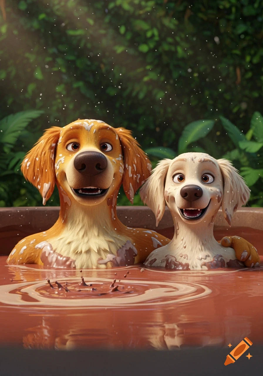 Two happy 3D animation retriever dogs relaxing chest-deep in a mud hot tub with a lush green background.