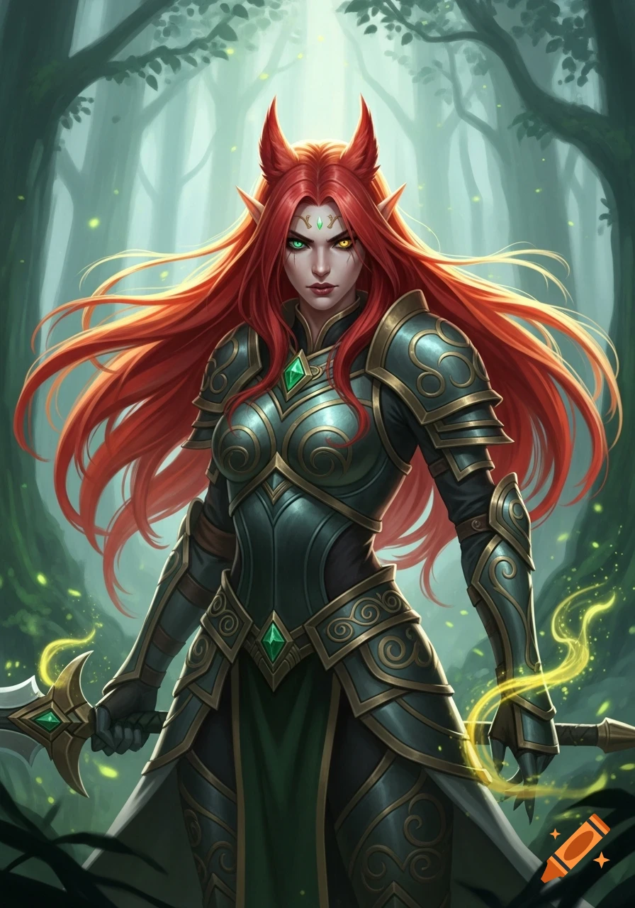 A fierce red-haired elf warrior with heterochromia eyes in ornate green and gold armor, holding a sword in a magical forest.