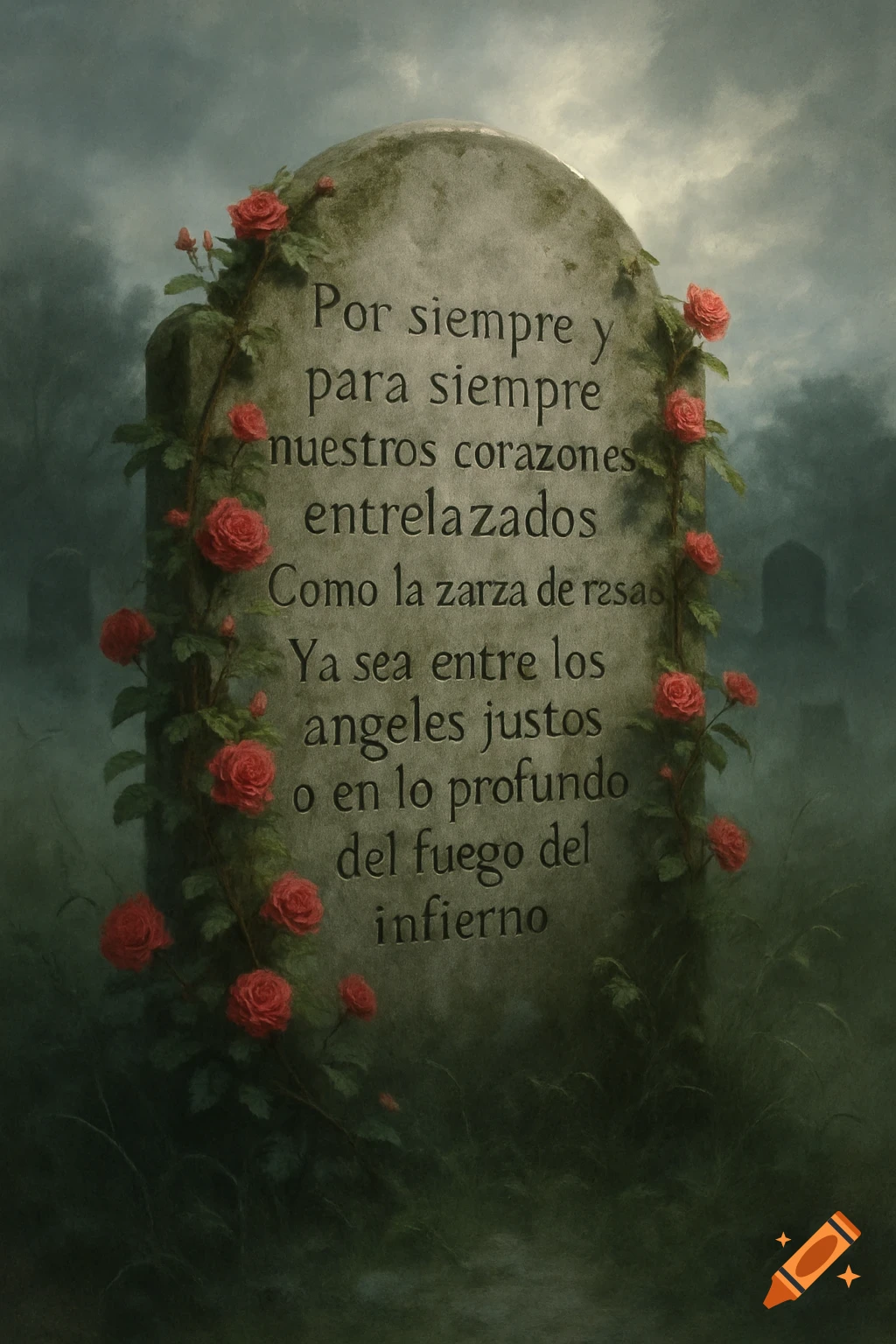 An old, moss-covered grave headstone with red roses climbing on it, carved with Spanish text in a misty graveyard.
