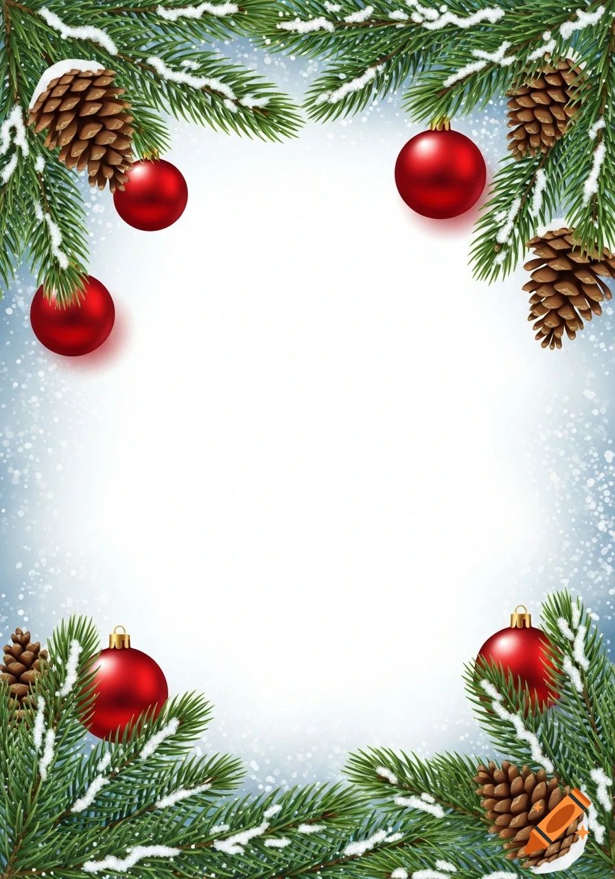 A festive Christmas frame with snow-dusted pine branches, pinecones, and red ornaments on a snowy white background.