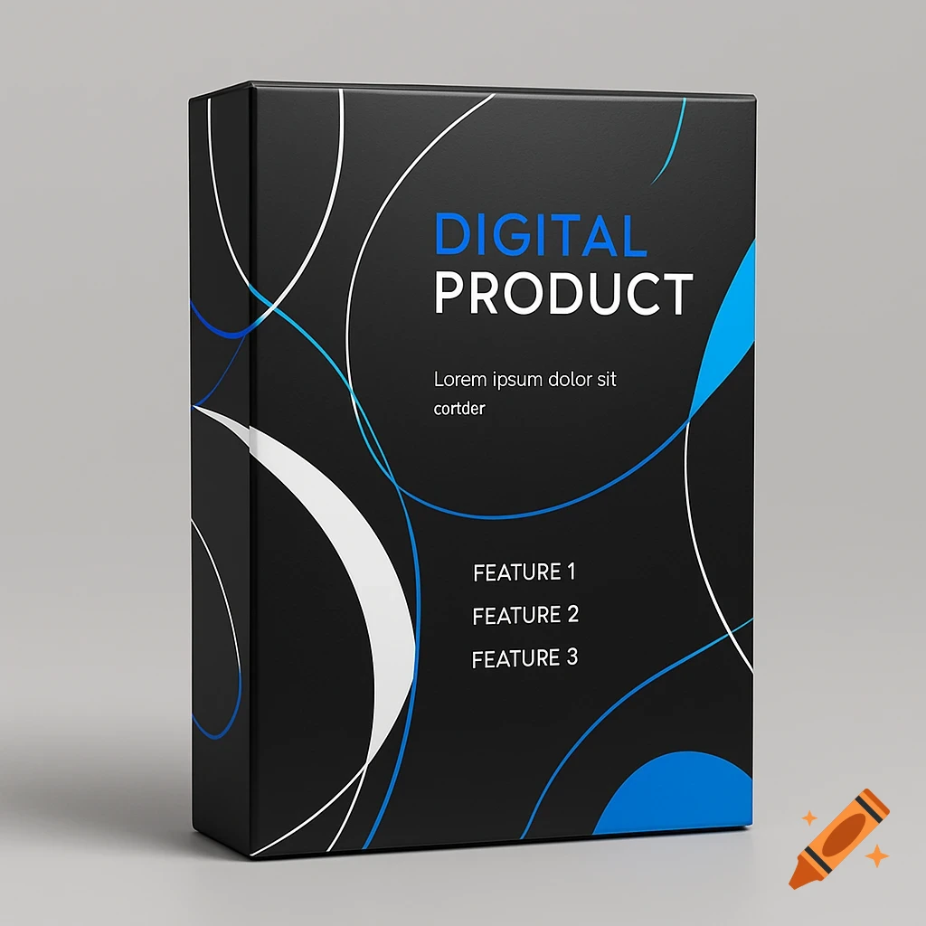 A modern black product packaging box with abstract blue and white lines, featuring the text "DIGITAL PRODUCT" and placeholder text for features on a gray background.
