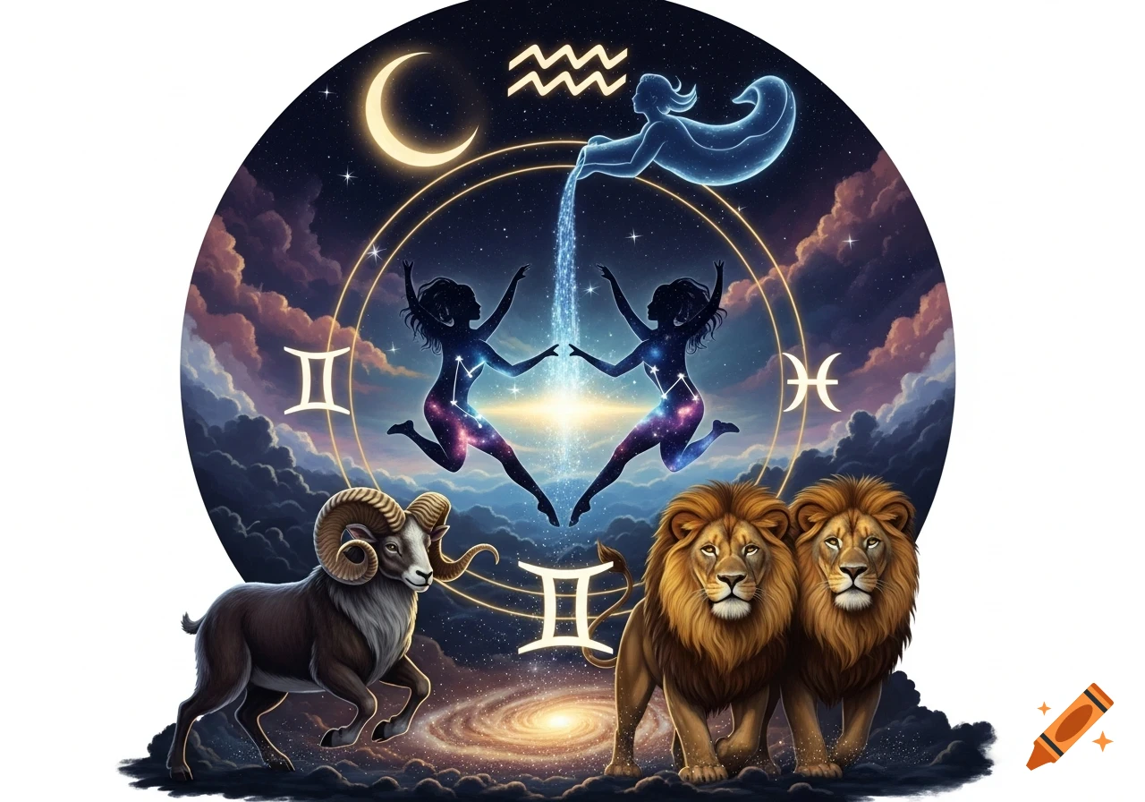 A cosmic circular design featuring stylized Gemini twins, an Aquarius water-bearer, a ram, and two lions, set against a star-filled sky with clouds and a crescent moon, surrounded by golden zodiac symbols.